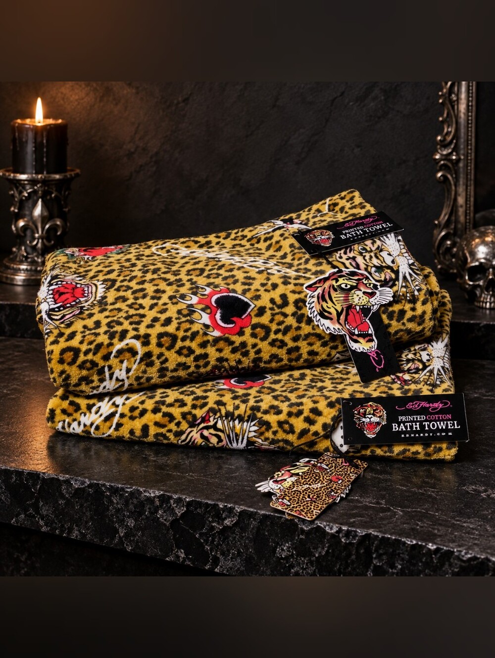 Ed Hardy Leopard Tiger TWO Bath Towels Y2K Statement